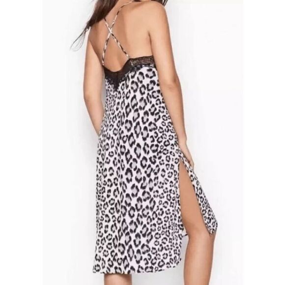 Victoria’s Secret Blue Black Leopard Print Midi Lingerie Lace V-Neck Slip Dress - Picture 2 of 10